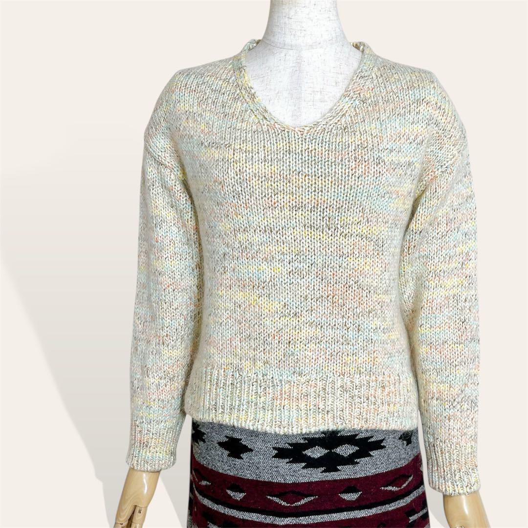 極美品 アナイ モヘヤ ラメ入り Vネック サイドスリット ニット 38・M 日本製 パステル系マルチカラー セーター トップス レディース拍卖