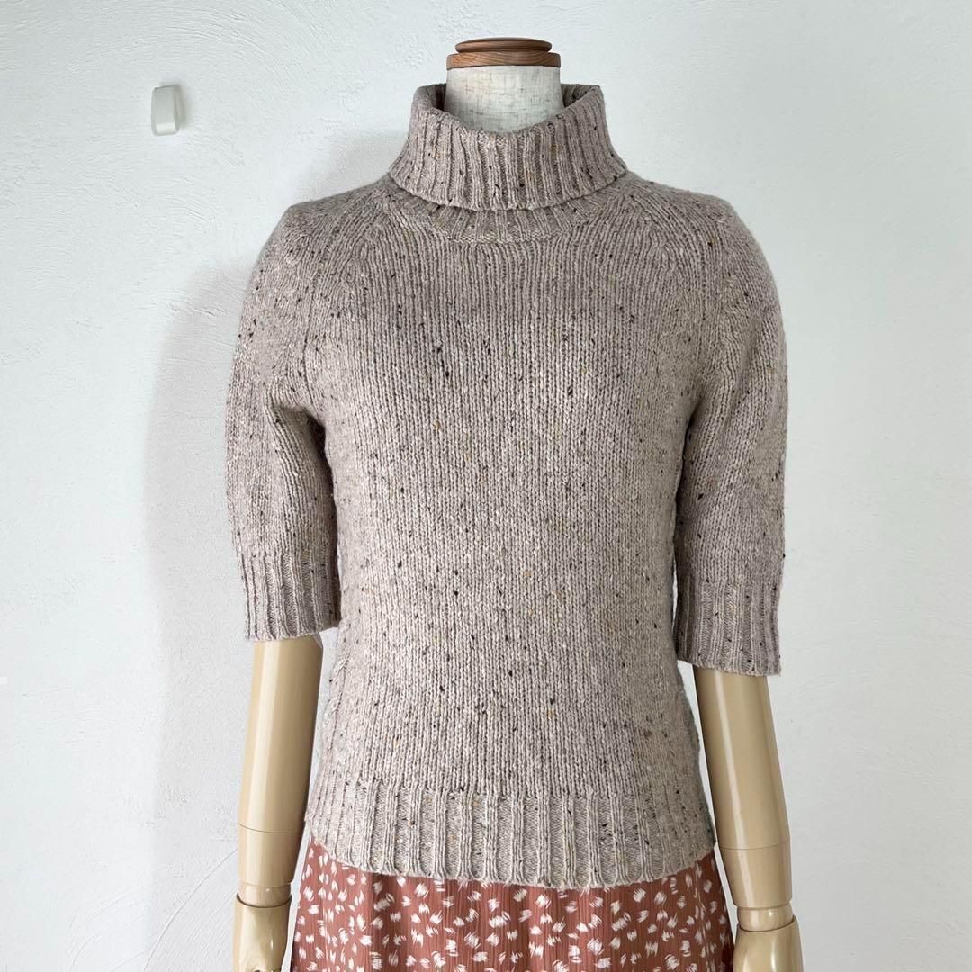 美品 マルチミックス カシミヤ ベージュ タートルネック 五分袖 柔らかニット セーター 9・M レディース 4305拍卖