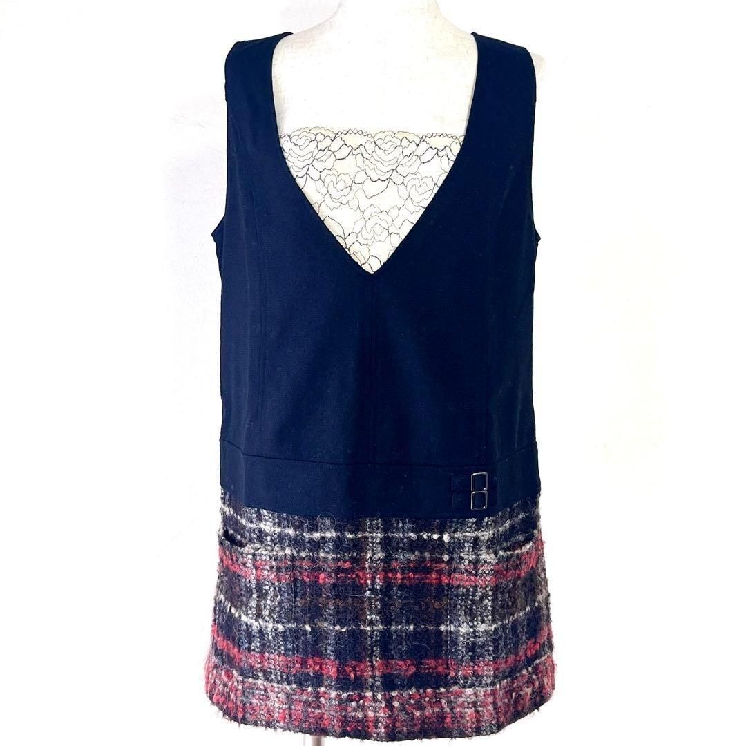 美品 メイソングレイ アルパカ 黒 チェック切替 Vネック ローウェスト ジャンパースカート ジャンスカ チュニック 2・L レディース拍卖