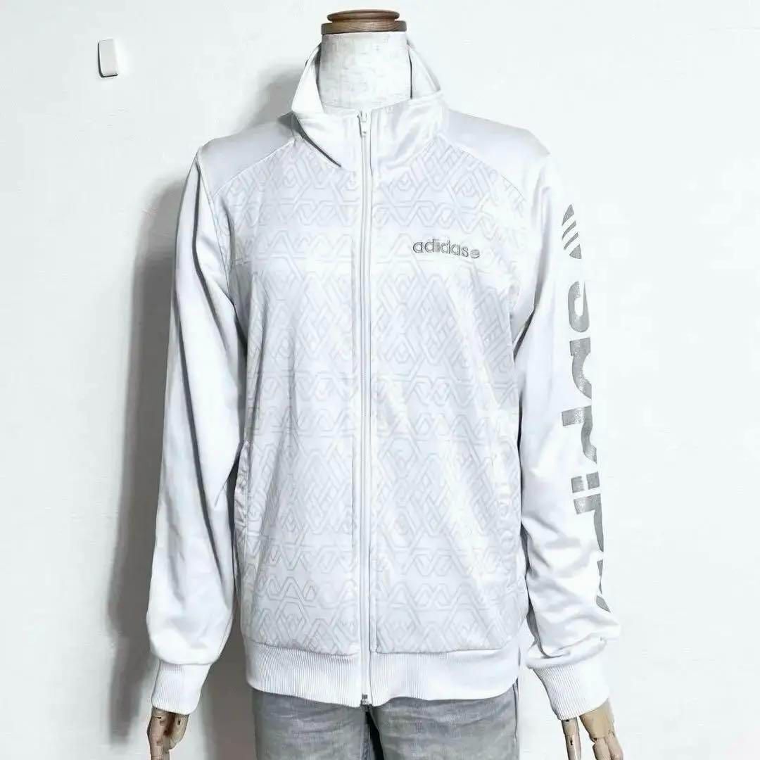 アディダス ネオ 白 ジオメトリック 幾何学柄 シルバーロゴ刺繍 ラメビッグロゴスリーブ トラックジャケット ジャージ S レディース拍卖