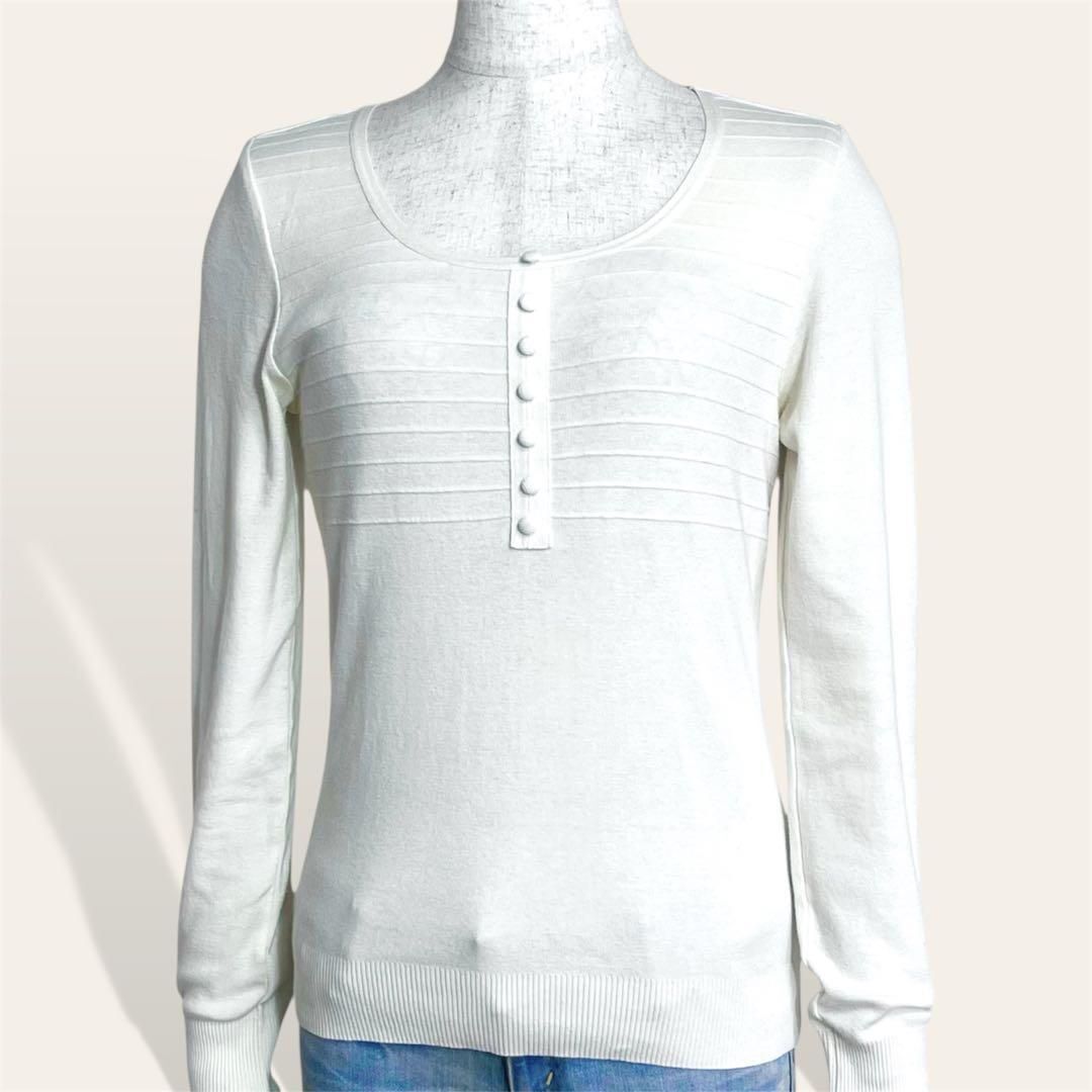 美品 良品計画 アイボリー フロントボーダー コットンニット カットソー レディース 4106拍卖