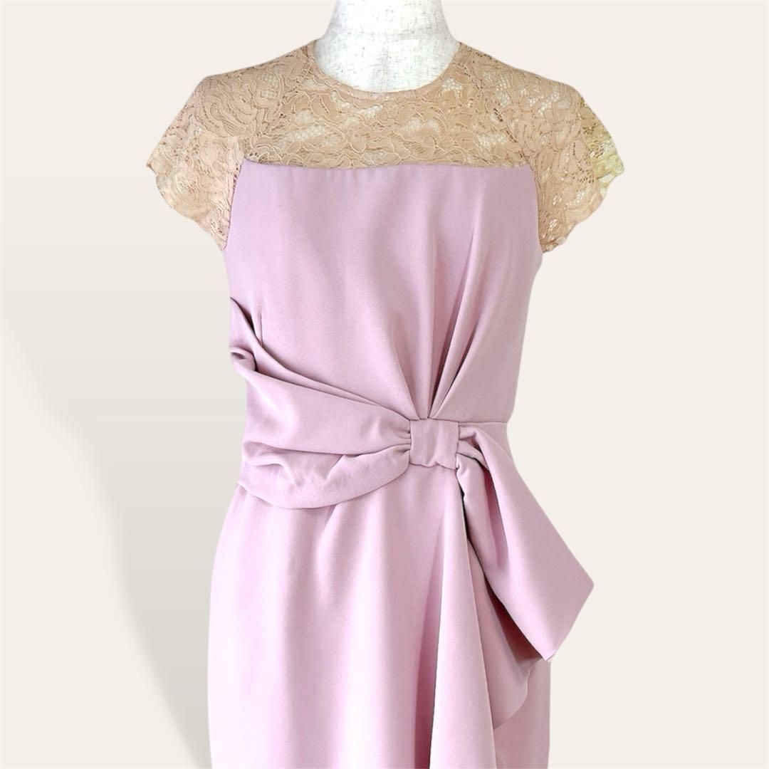 美品 ラグナムーン LagunaMoon ピンク デコルテレース 異素材 切替 ラッフルリボンタイト パーティードレス ワンピース S レディース 4292拍卖