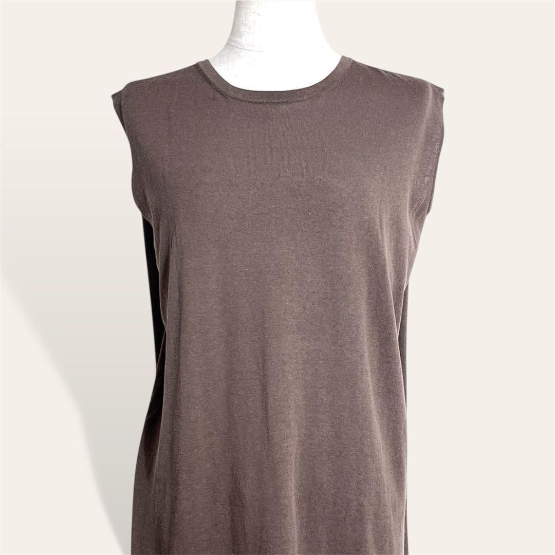 プラステ PLST モカブラウン リネン 麻 ニット レイヤード風 カジュアルシンプル バックタックタンク チュニック M レディース拍卖