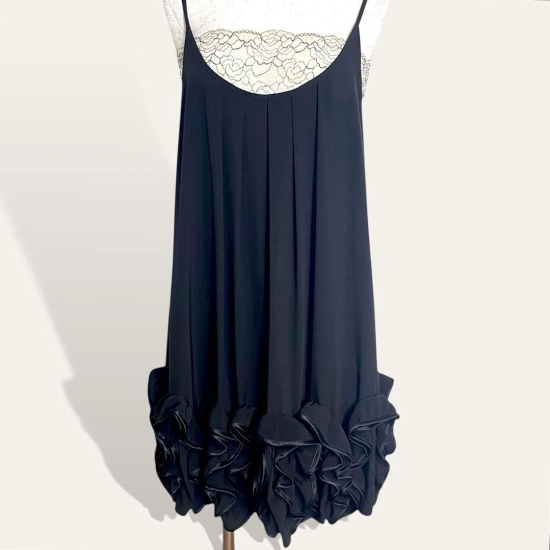 美品 リビエナ Re Biena 黒 Aライン ボリュームフリルヘム 落ち感 キャミドレスワンピース パーティドレスワンピ F レディース 4535拍卖