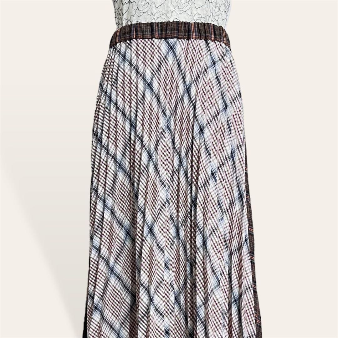 美品 アズノウアズピンキー 前後切替 反転チェック マキシ丈 ロングプリーツスカート F レディース 4088拍卖
