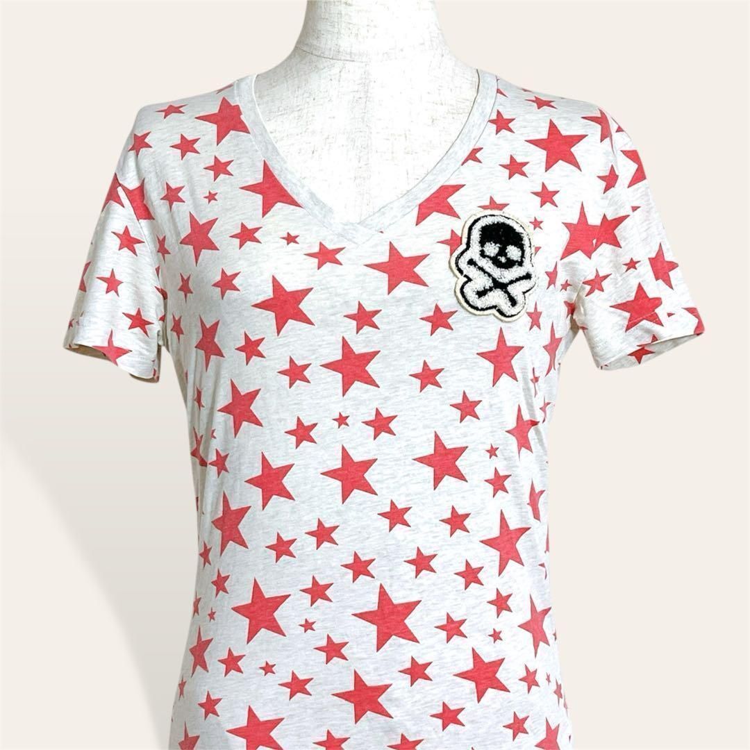 大人気 ハイドロゲン HYDROGEN スター 星柄 もこもこスカルワッペン どくろロゴ 半袖 Vネック カットソー Tシャツ S レディース 4624拍卖