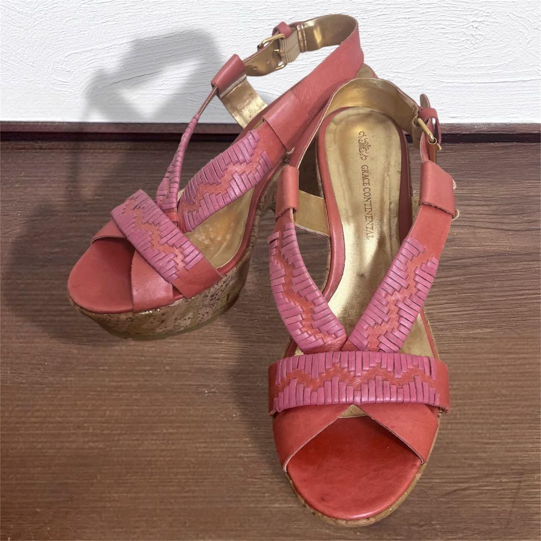 人気 グレースコンチネンタル GRACE CONTINENTAL 本革 柔らかレザー オレンジ ピンク 厚底サンダル 38 レディース 4785拍卖