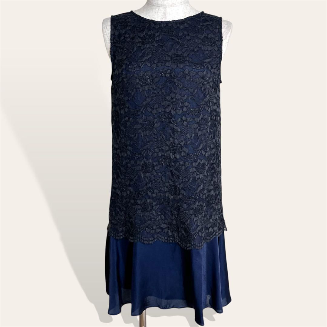 人気 ロペピクニック 紺 黒 バイカラー レースレイヤード風 ドッキングフレアワンピース 38・M レディース 大人可愛い拍卖