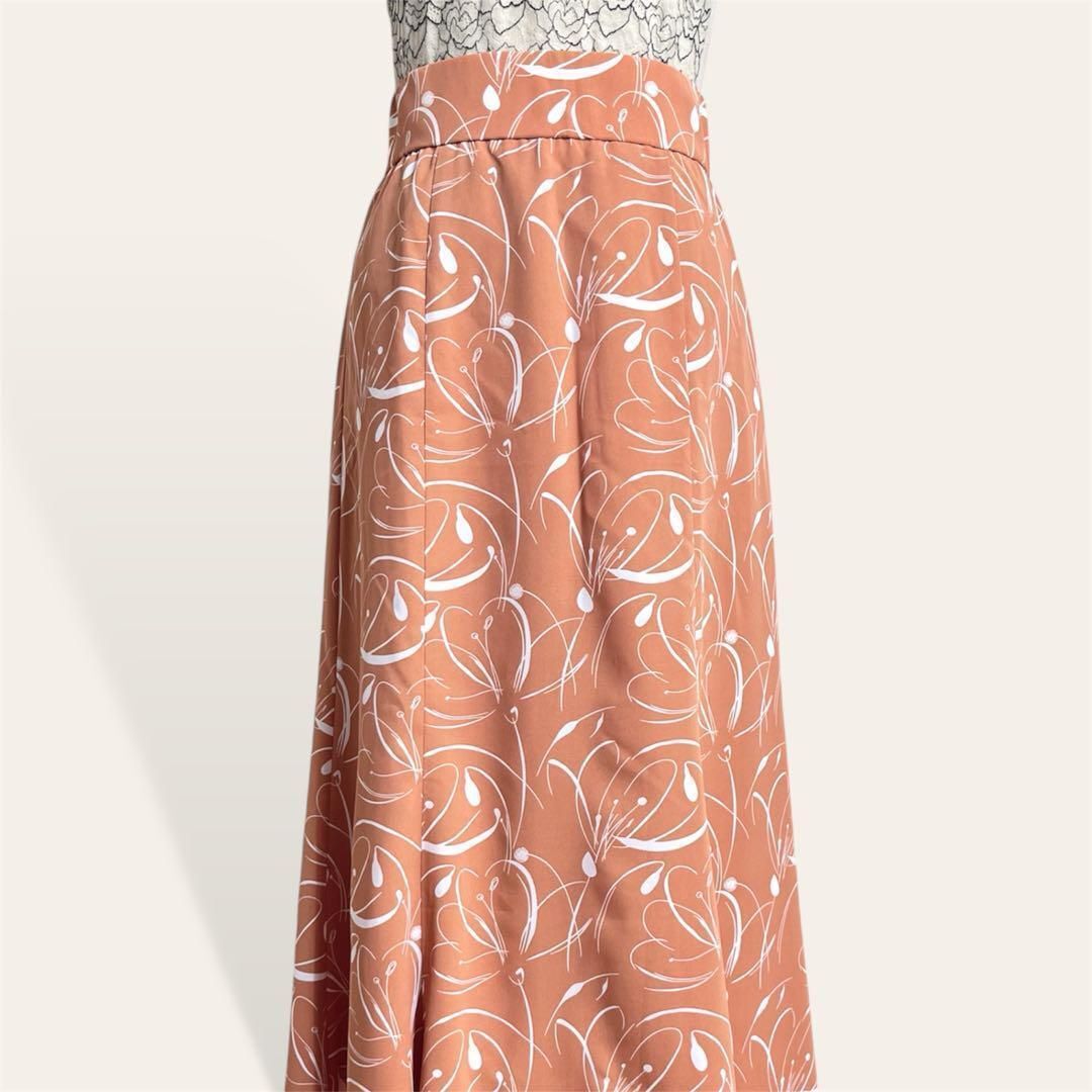 美品 ナチュラルクチュール オレンジ バイカラー 手書き風 フラワー 花柄 マキシ丈 マーメイドシルエット ロングフレアスカート F拍卖