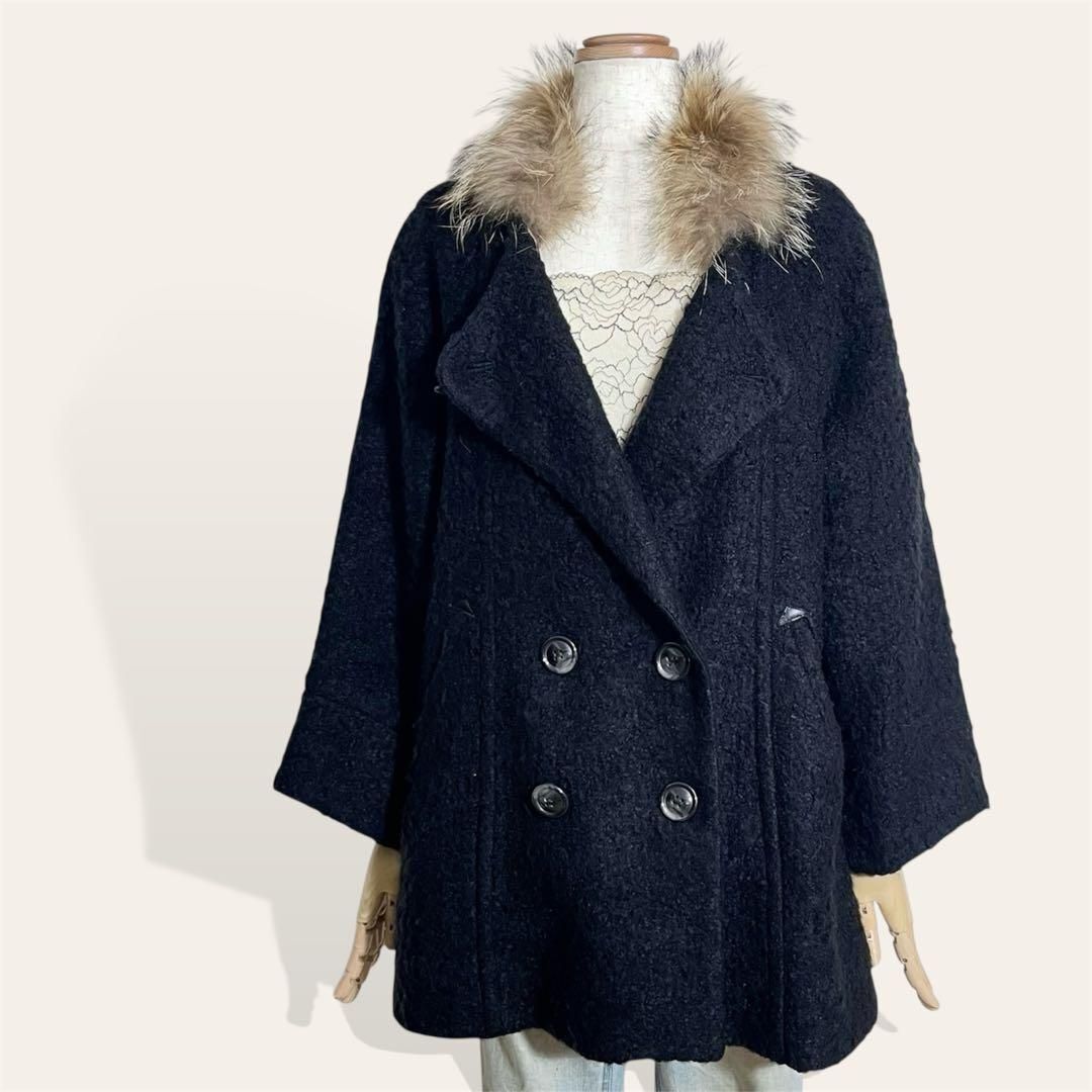 人気 アバハウス ドゥヴィネット 黒 リアルラクーンファーカラー Aライン ループニットコート アウター ジャケット 1・ レディース 2576拍卖