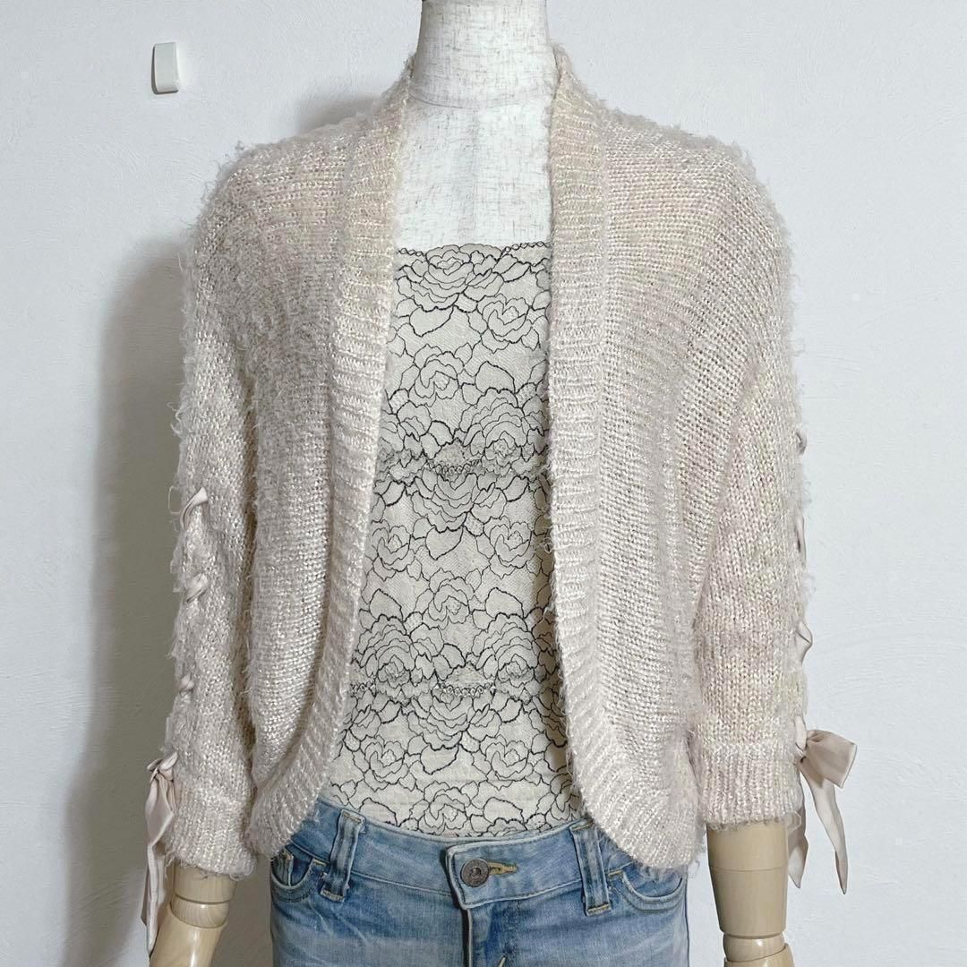 人気 ウフドゥー ベージュ サテンリボン レースアップスリーブ モモンガ ドルマンニット カーディガン 羽織りもの 2・L レディース 2544拍卖