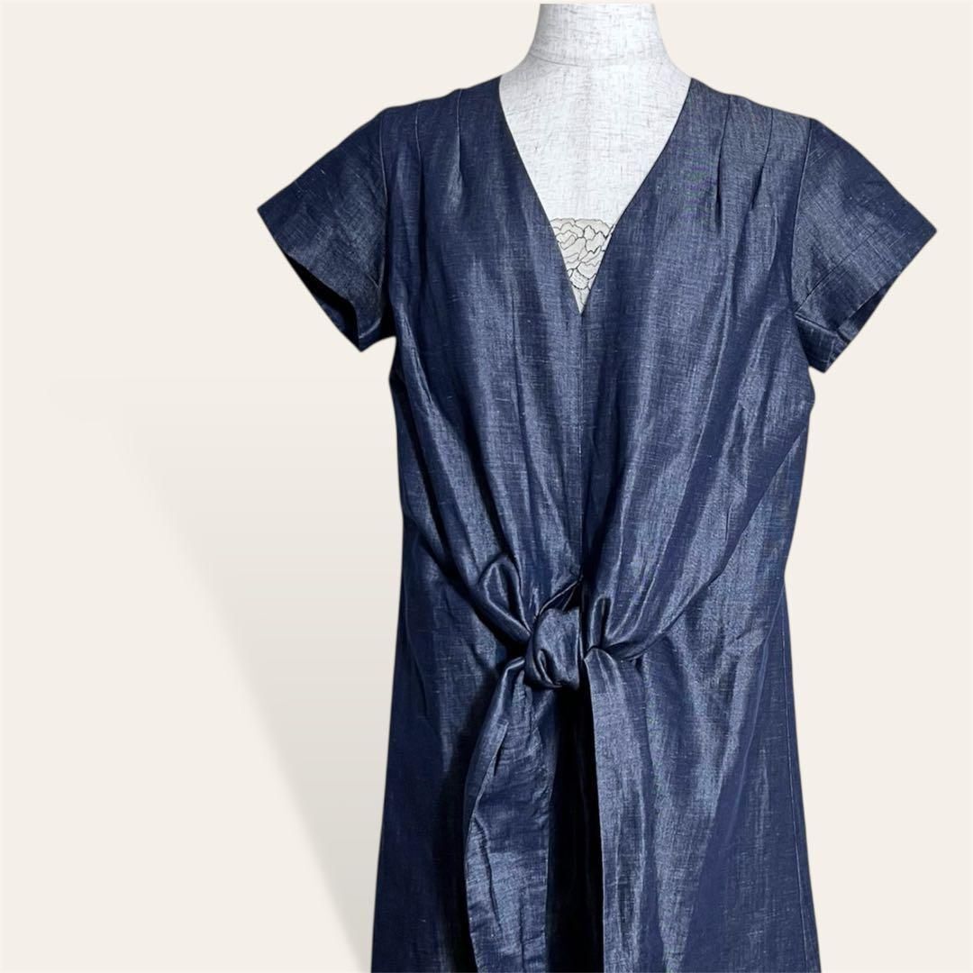 リンネル オドラント ODORANTES Nano Universe ネイビー リネン 光沢 Vネック フロントリボン コクーンワンピース 38・M レディース 2639拍卖