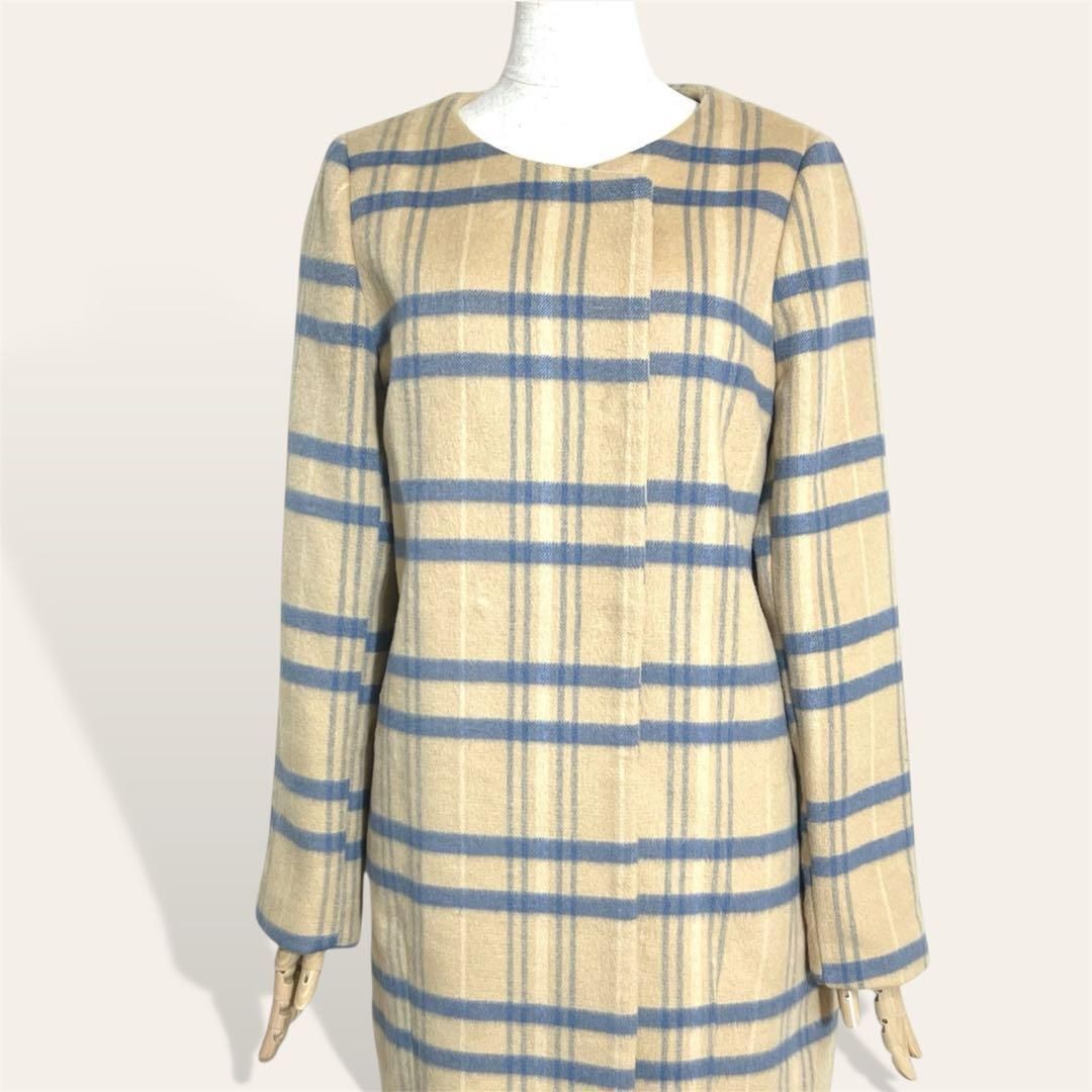 美品 ケービーエフプラス KBF+ バイカラー チェック柄 ノーカラー カラーレス シンプル ダブルロングコート アウター ONE 2655拍卖