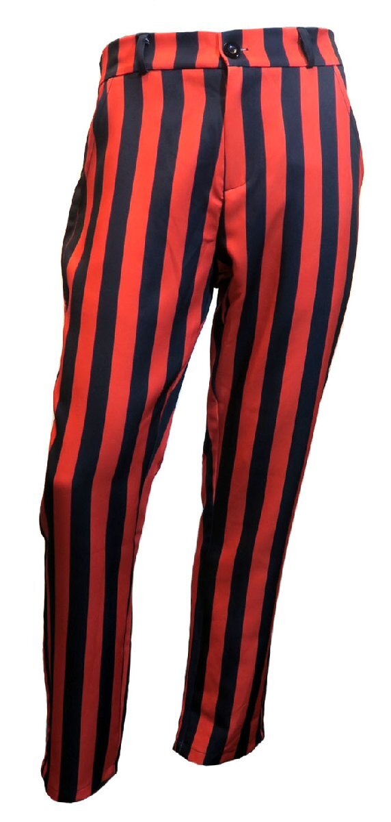 新品 Mサイズ スリムパンツ ストライプ 赤 黒 1570 レッド ブラック メンズ スラックス イージーパンツ ウエストゴム スキニーパンツ拍卖