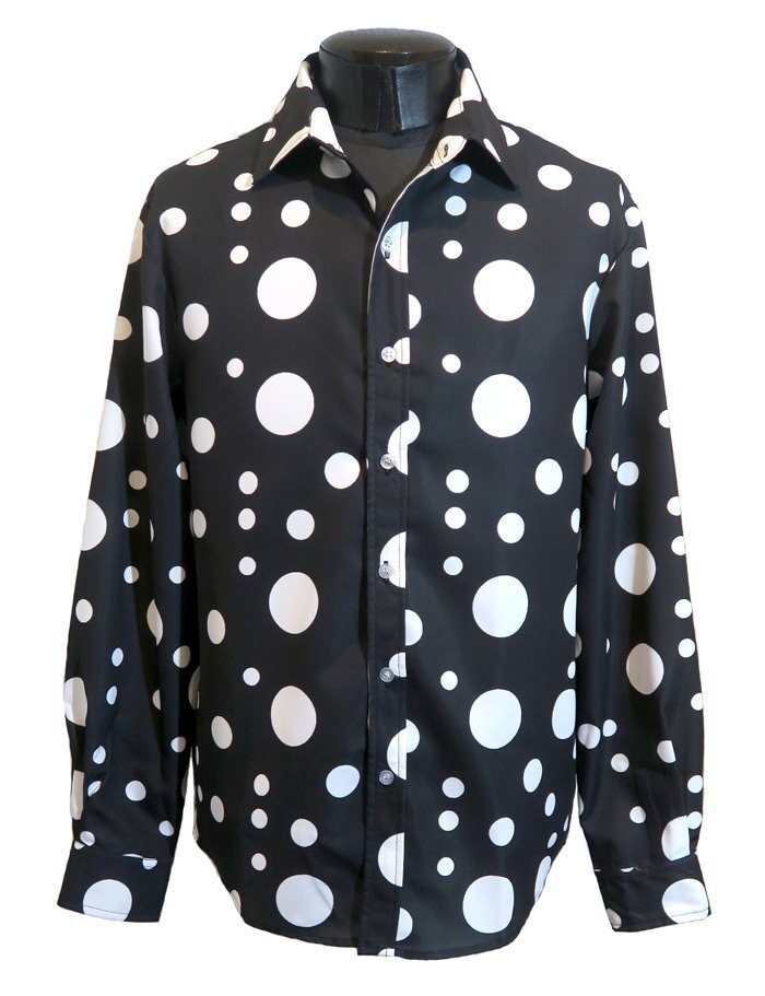新品 Mサイズ 水玉シャツ ドット柄 長袖 黒 白 1187 メンズ 柄シャツ ピエロ ヴィジュアル系 可愛いシャツ パンク ロック ハロウィン拍卖