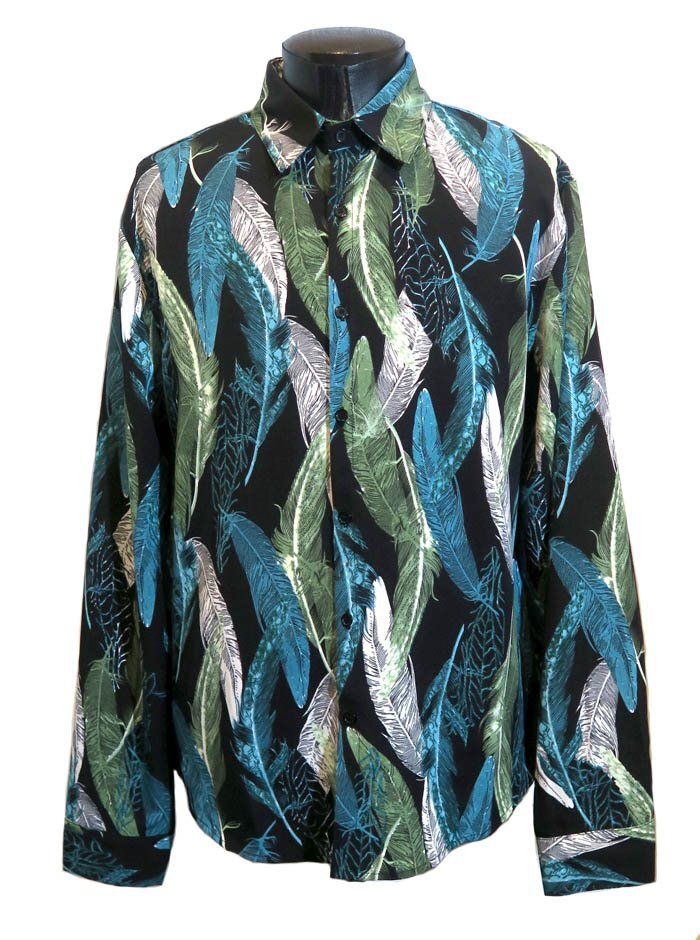 新品 XLサイズ シャツ 長袖 フェザー柄 羽根柄 黒 グリーン ブルー978 1504 メンズ 柄シャツ カウボーイ ロカビリー ウエスタン ロック拍卖