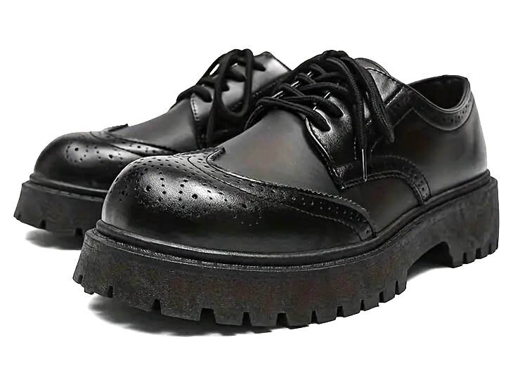 新品 27.5cm 28cm ウイングチップ 厚底 シューズ 黒 黒 2838 フェイクレザー ブラック ブローグ メダリオン ロカビリー パンク ロック 靴拍卖