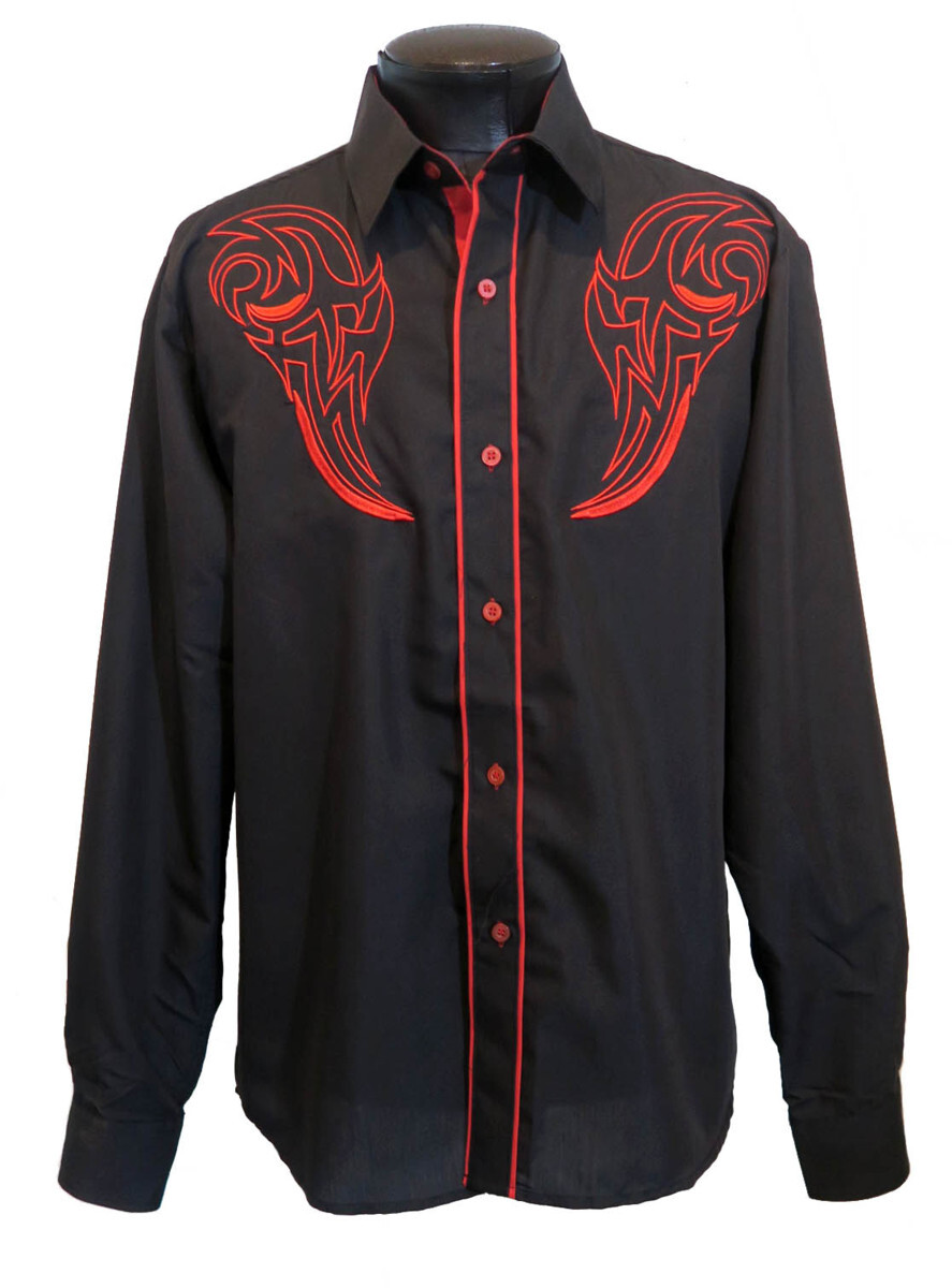 新品 XLサイズ トライバル 刺繍 シャツ 長袖 赤 黒 1435 メンズ レッド ブラック カウボーイ ロカビリー タトゥー 柄シャツ ウエスタン拍卖
