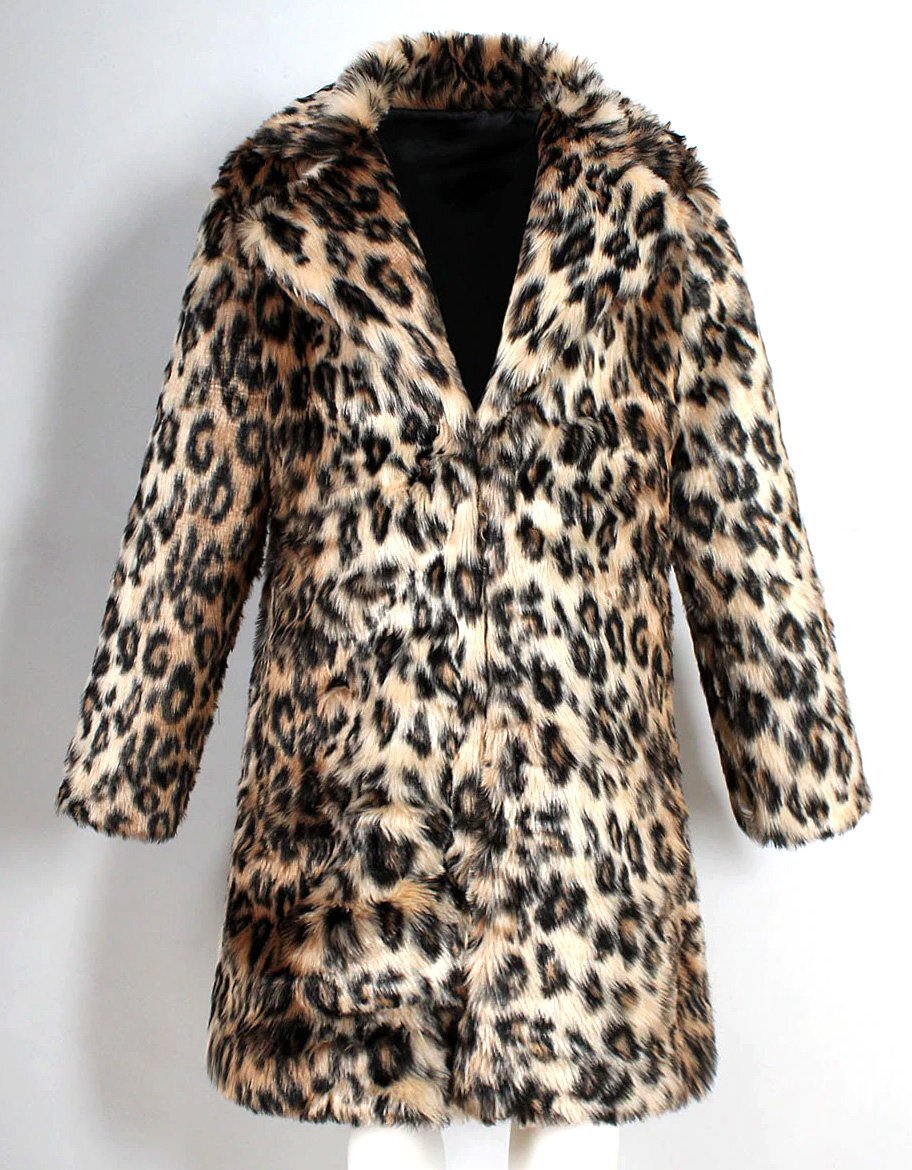 新品 XXLサイズ 豹柄 ファーコート チェスターコート ブラウン7344 5807 茶系 パンサー レオパード 毛皮 ヴィジュアル系 ロングコート拍卖