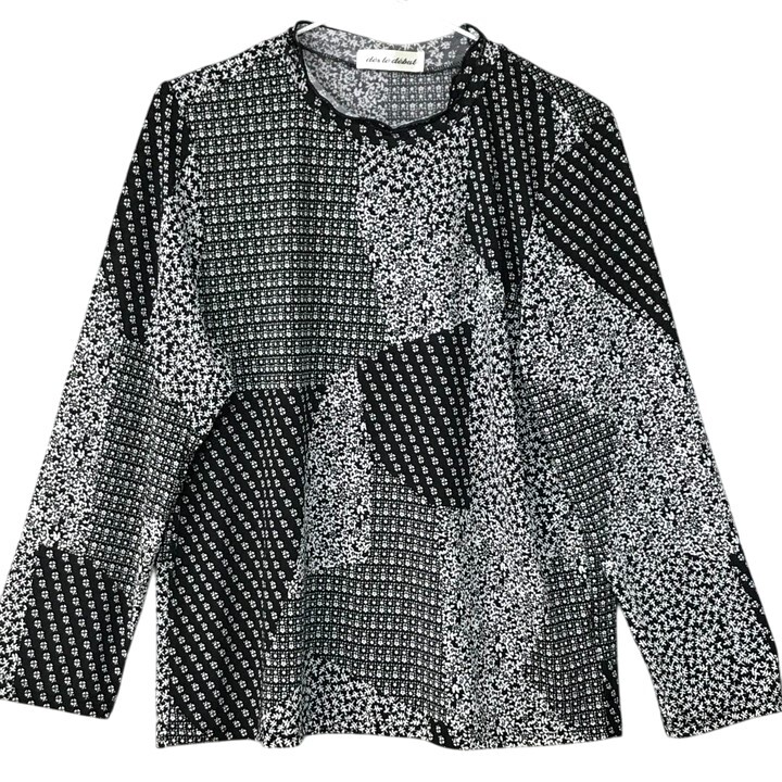 ■新品■ 長袖 カットソー パッチワーク柄 M Lサイズ フリルネック 黒 白 幾何学模様 フェミニン モダン カジュアル レディース 婦人服 101拍卖