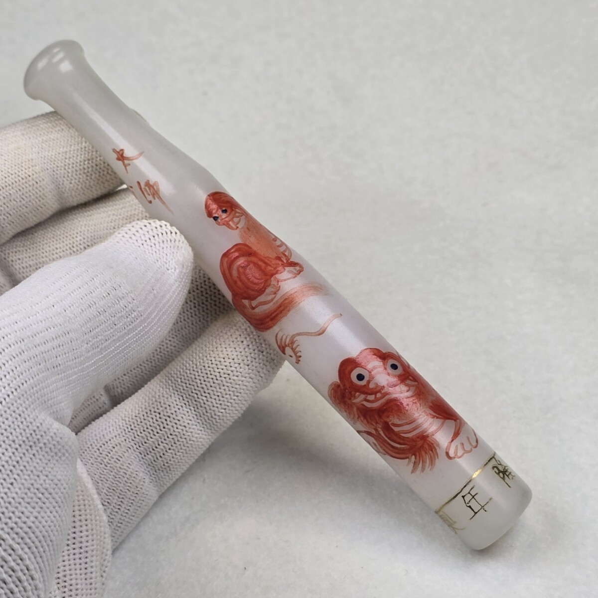 古美術 本物瑠璃 赤絵 蒔絵金 獅子図 太師少保 煙管 在銘 美品拍卖