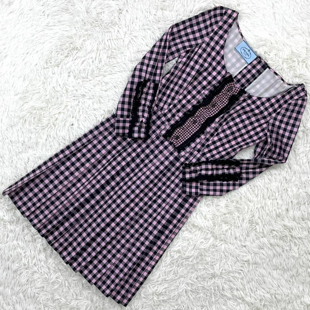 PRADA/プラダ ピンク ギンガムチェック フリル ワンピース 38S拍卖