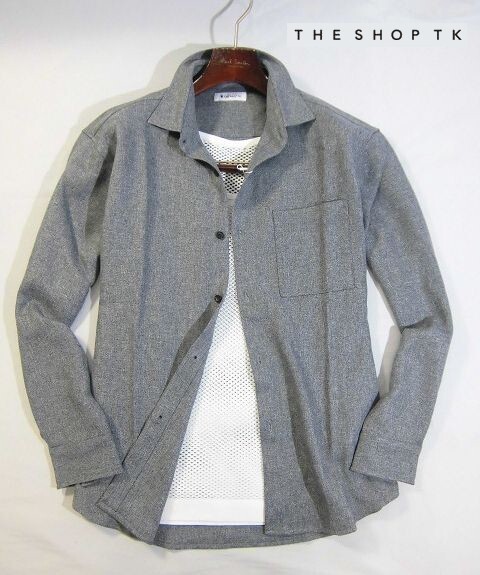 K日11039新品▼ タケオキクチ 【 XL 】 グレー系 THE SHOP TK 長袖シャツ ウールライク仕上げ シャツ 中肉生地 ヘリンボンデザイン拍卖
