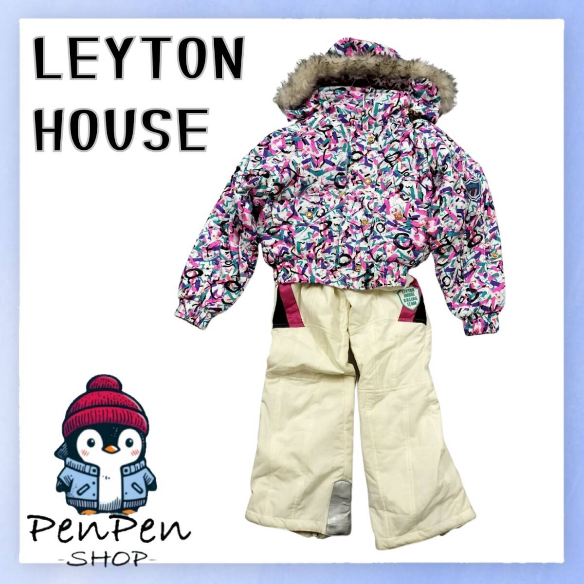 LEYTON HOUSE レイトンハウス レディース スキーウェア 上下セット ジャケット パンツ Mサイズ 総柄 フード ファー付 防寒 レトロデザイン拍卖