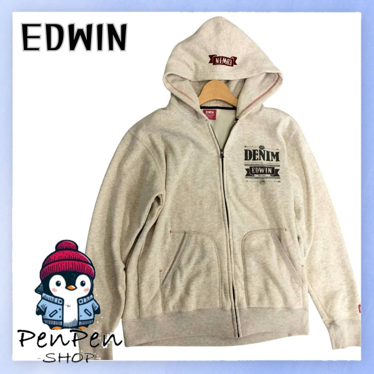 EDWIN エドウィン メンズ ジップアップ パーカー フーディ グレー Mサイズ フロントロゴ カジュアル 裏起毛風 フードひも欠品 ストリート拍卖