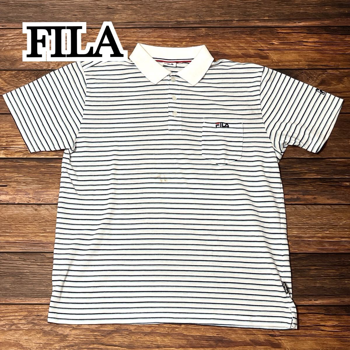 FILA フィラ ポロシャツ 半袖ポロシャツ メンズ トップス コットン ロゴ刺繍 ボーダー ストライプ ゆったり 大きめ ホワイト 白 LL拍卖