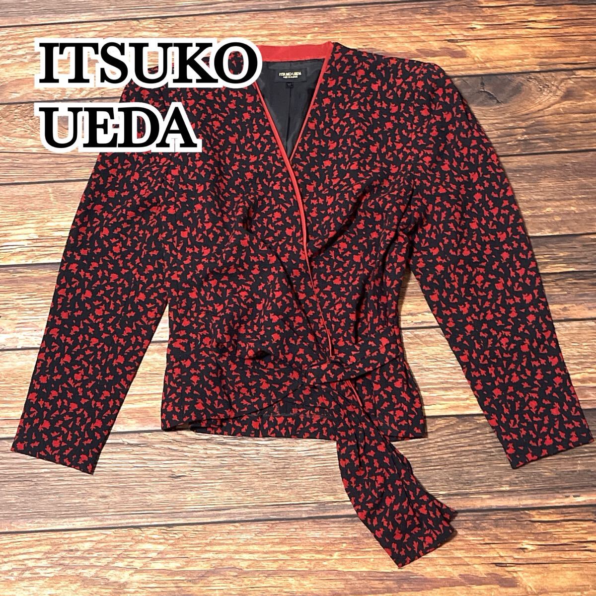 ITSUKO UEDA イツコ ウエダ トップス ウール カシュクール ブラウス 長袖 レディース 総柄 希少デザイン モード ブラック レッド M拍卖