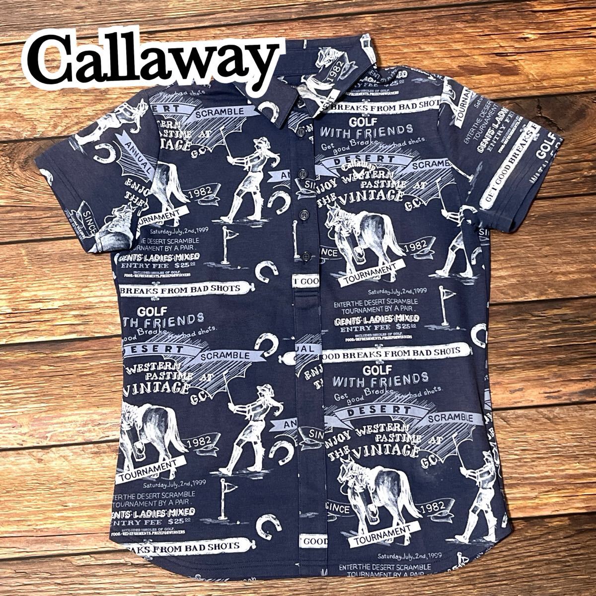 Callaway キャロウェイ ポロシャツ シャツ 半袖 ゴルフ ゴルフウェア 総柄 馬柄 レディース トップス ジャストサイズ スポーツ ネイビー L拍卖