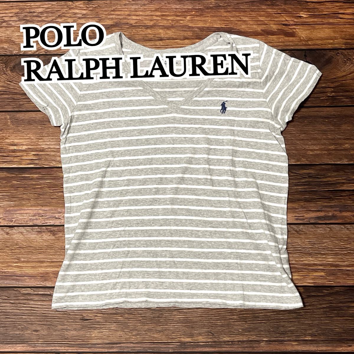 POLO RALPH LAUREN ポロ ラルフローレン Tシャツ 半袖Tシャツ ボーダー Vネック レディース ロゴ刺繍 グレー ホワイト M拍卖