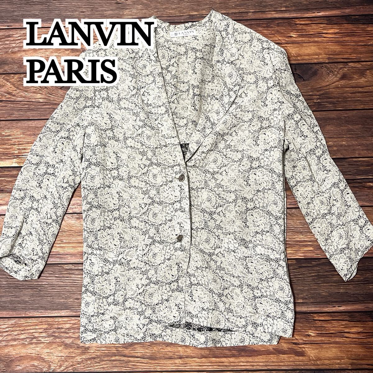 LANVIN PARIS ランバン パリ ジャケット レディース アウター ミディ丈 肩パット レース 総柄 高級感 上品 春 秋 アイボリー ブラック L拍卖