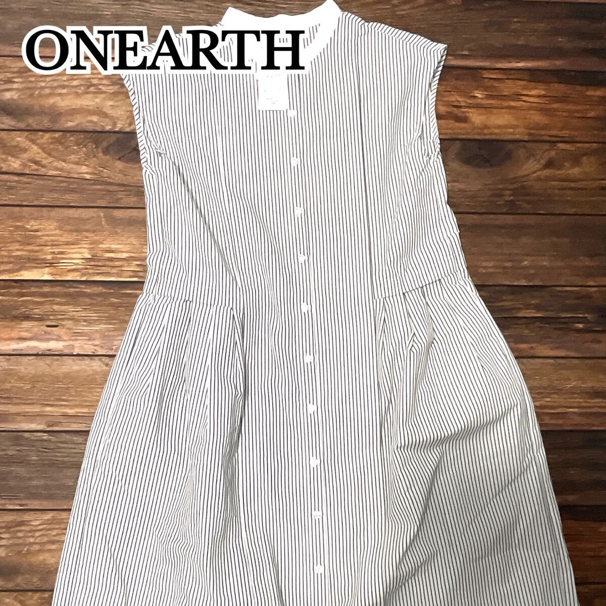 新品 未使用 ONEARTH オンアース ワンピース レディース ロング丈 ノースリーブ ストライプ 爽やか ゆったり 大きめ ホワイト L拍卖