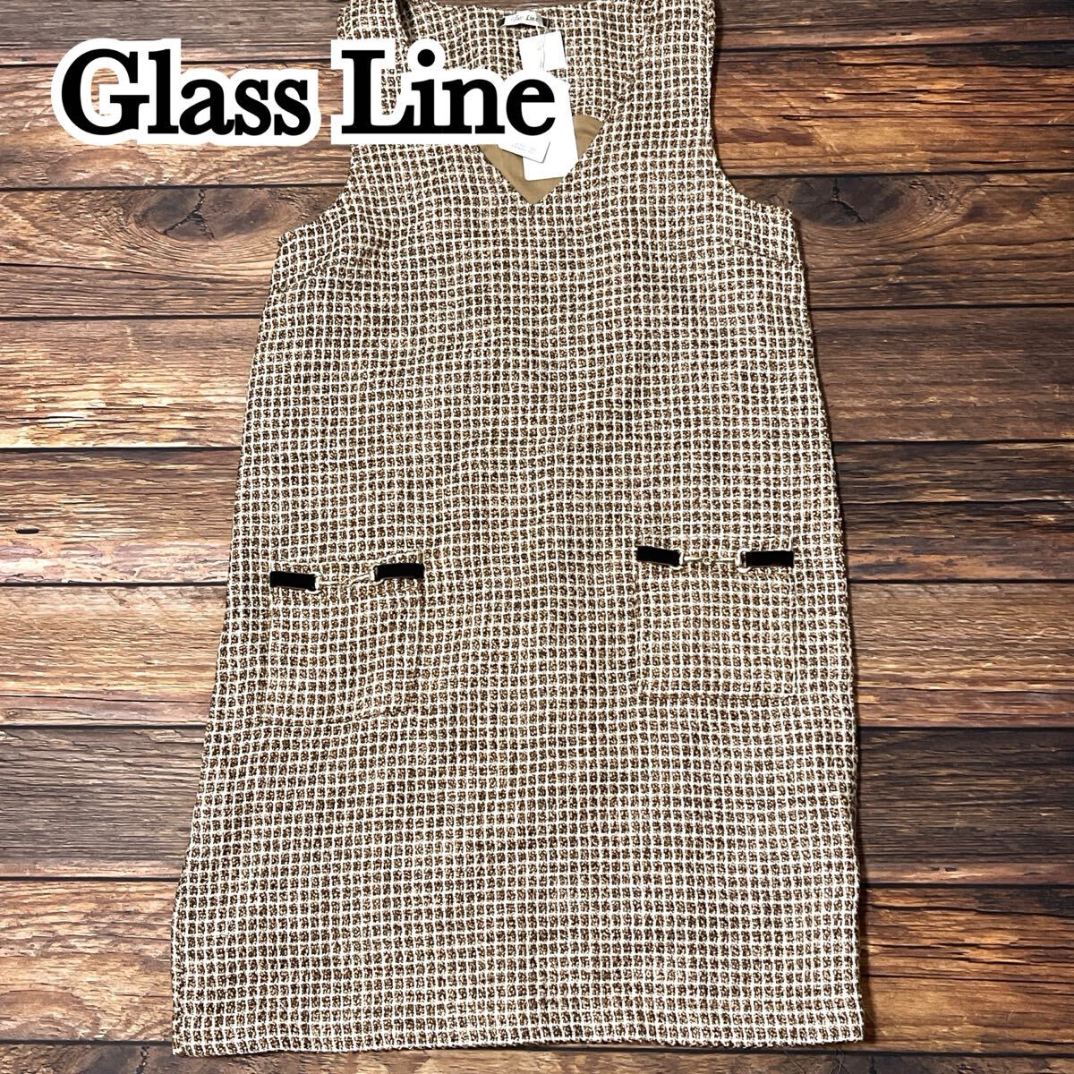 新品 未使用 Glass Line グラスライン ワンピース ウール ノースリーブ レディース ツイード ラメ入り ミディ丈 オレンジ ブラウン 9 M拍卖