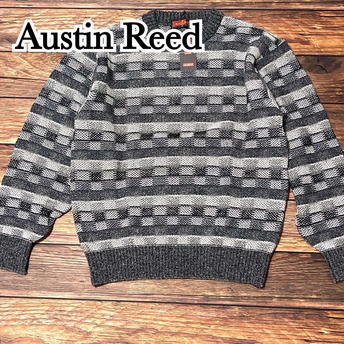 新品 未使用 Austin Reed オースチンリード ニット ウール 総柄 ジャストサイズ 英国ファッション メンズ トップス ブラック グレー M拍卖