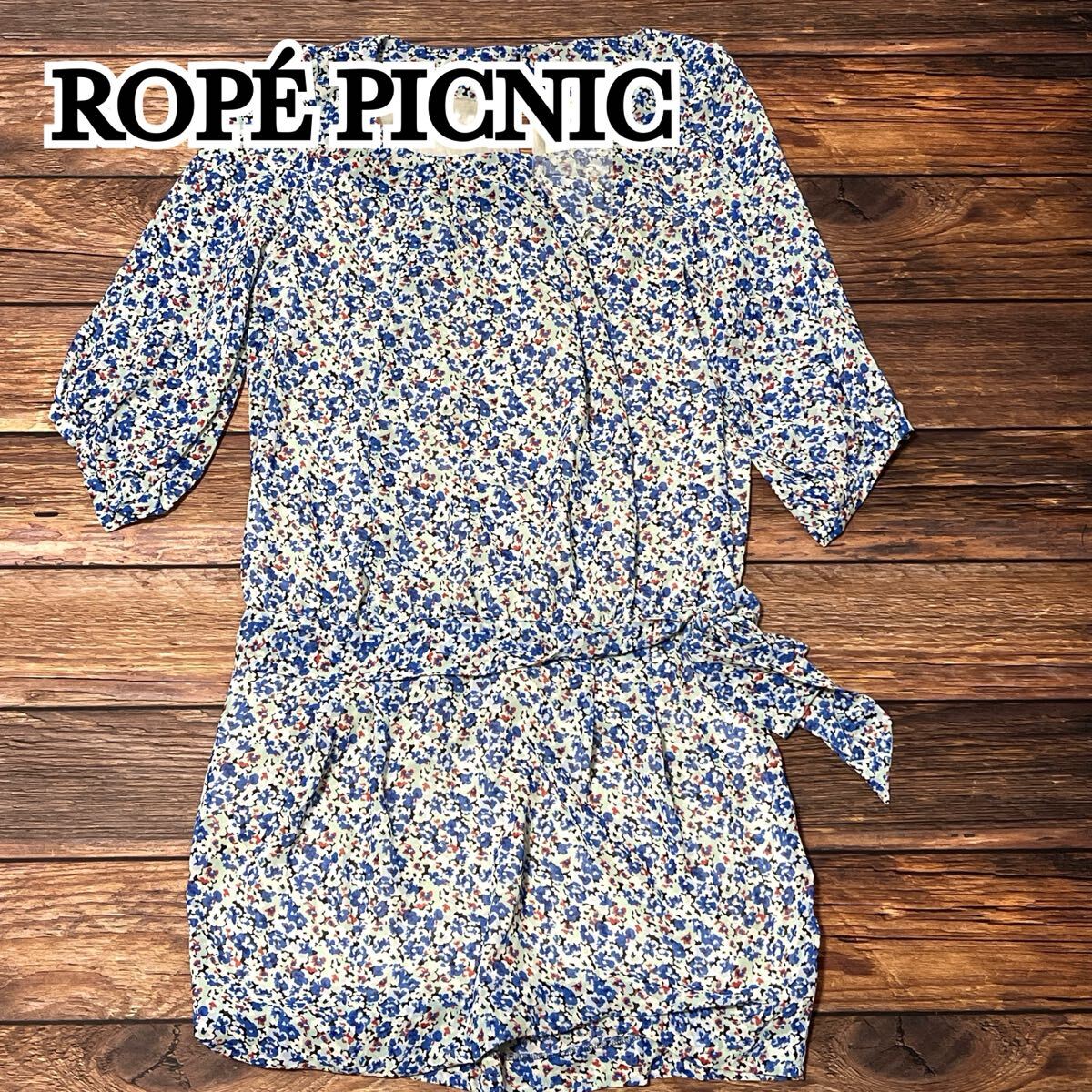 新品 未使用 ROPE PICNIC ロペピクニック ワンピース ミディ丈 花柄 7分袖 七分袖 レディース ウェストリボン 春夏 ブルー サイズ38 M拍卖