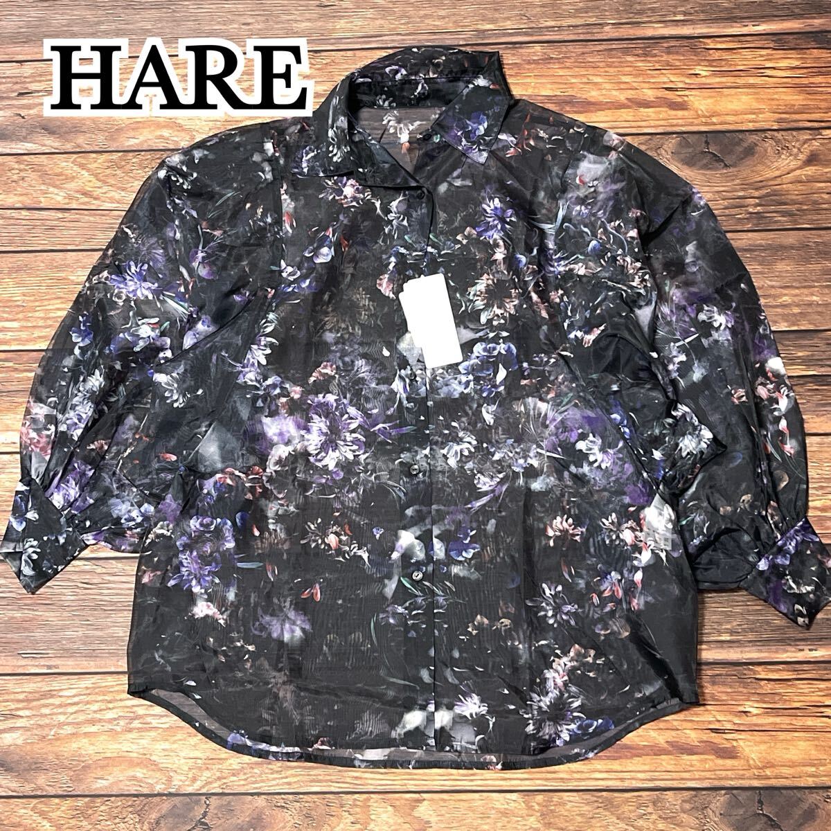 新品 未使用 HARE ハレ 長袖シャツ シャツ パフスリーブ アート フラワー シアーシャツ レディース トップス モード ブラック フリー拍卖