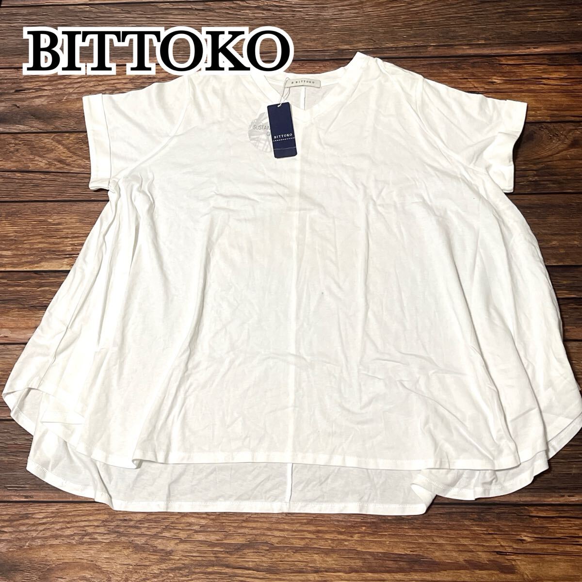 新品 未使用 BITTOKO ビットコ Tシャツ 半袖 カットソー レディース トップス プルオーバー Vネック ロング丈 コットン ホワイト フリー拍卖