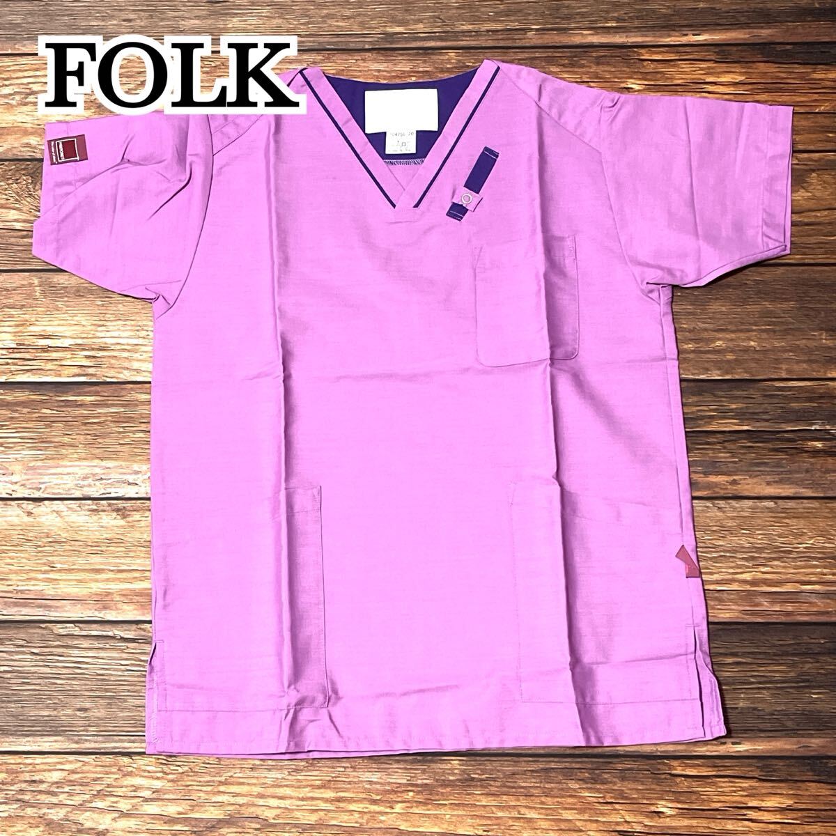 美品 FOLK フォーク スクラブ 綿混カラースクラブ コットン レディース トップス 介護士 看護師 ユニフォーム Vネック 大きめ パープル S拍卖