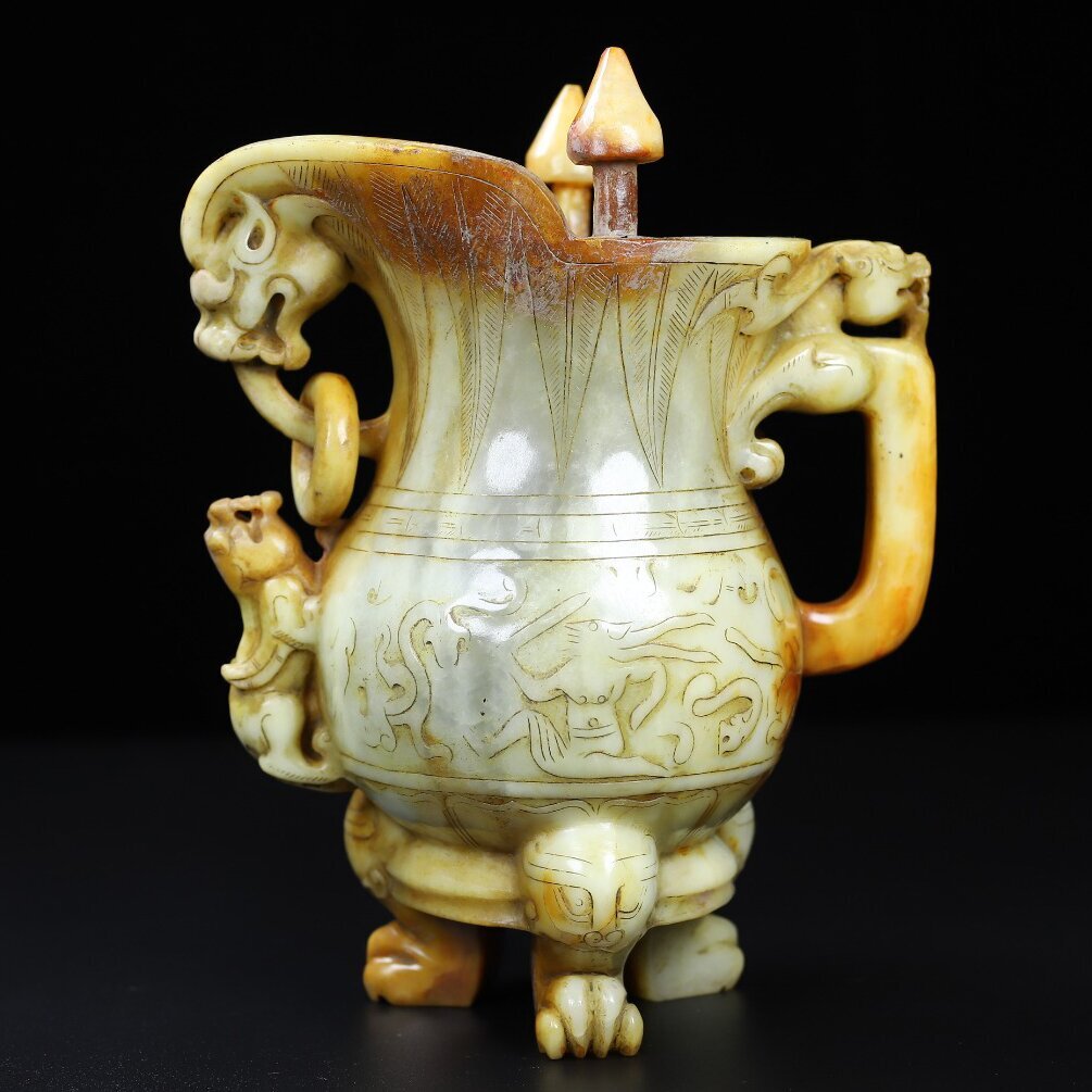 ▽鴻▽漢朝時代 高古玉 和田玉彫 三足爵杯 時代物 中国古美術 骨董品拍卖