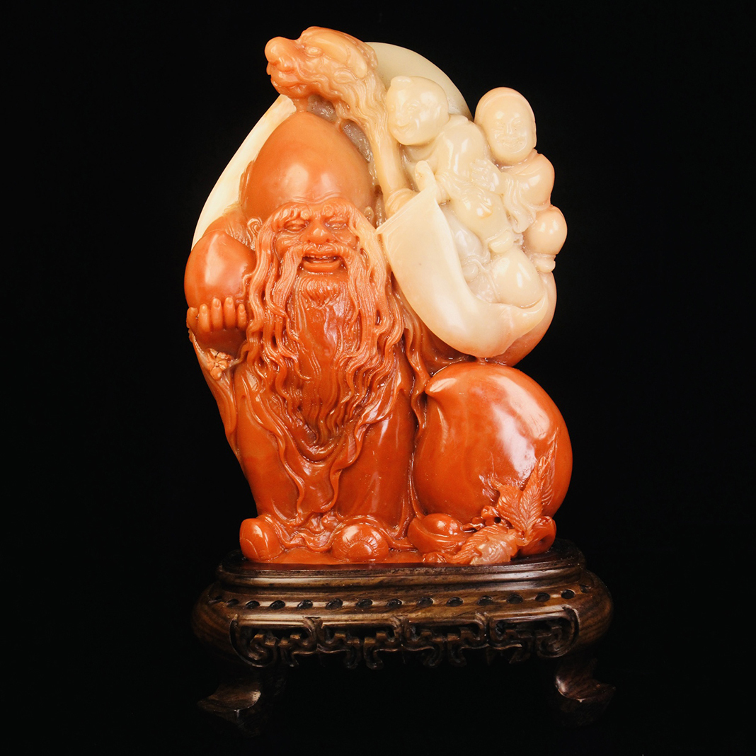 ▽鴻▽金石篆刻 寿山石彫 寿星置物 台座付き 時代物 中国古美術 骨董品拍卖