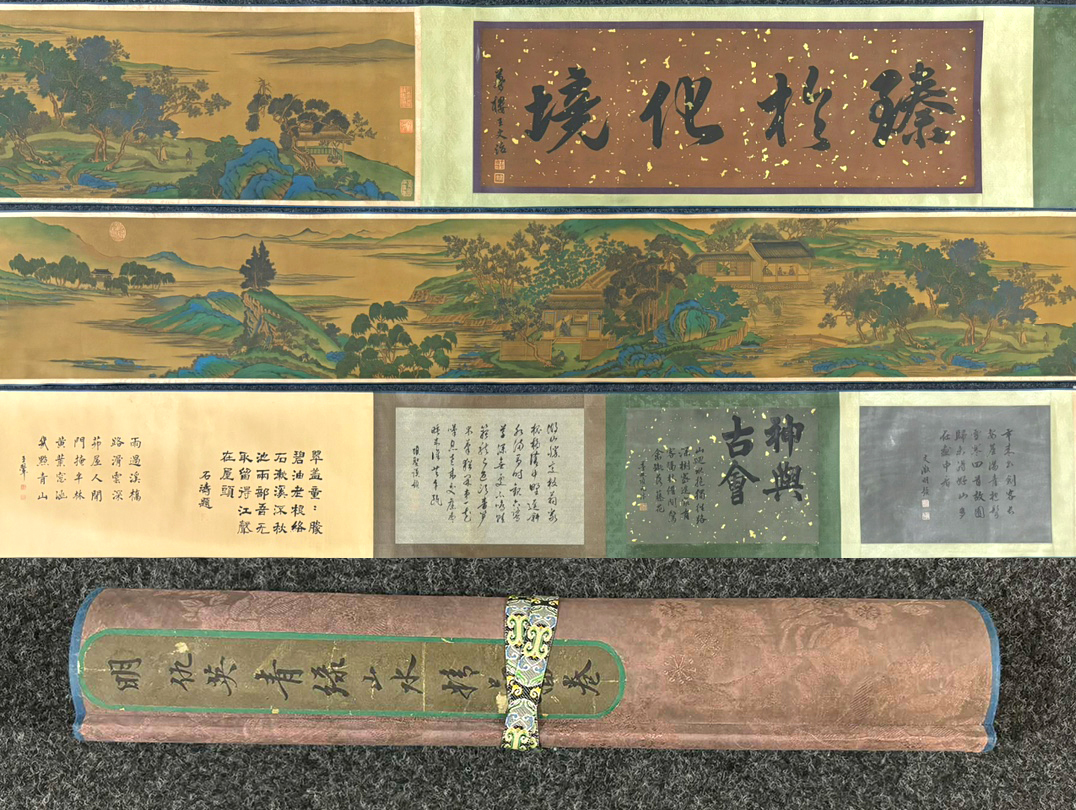 ▽鴻▽古書道【明代書画家 仇英書 絹本 青緑山水図長巻】 真筆肉筆 骨董書画 掛け軸 時代物 中国古美術 骨董品拍卖