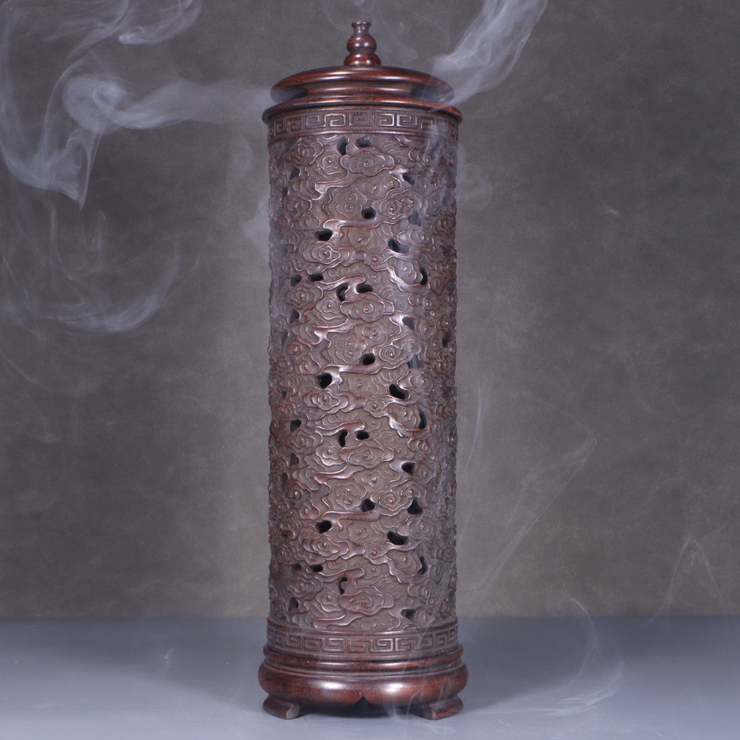 ▽鴻▽清朝時代 珍木紫檀透かし彫り 福鈕祥雲紋香薫筒 時代物 中国古美術 骨董品拍卖