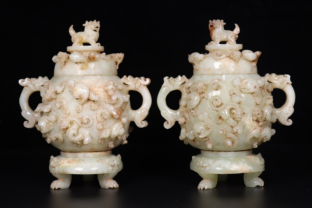▽鴻▽漢朝時代 高古玉 和田玉彫 瑞獣鈕魑龍紋玉炉一対 時代物 中国古美術 骨董品拍卖