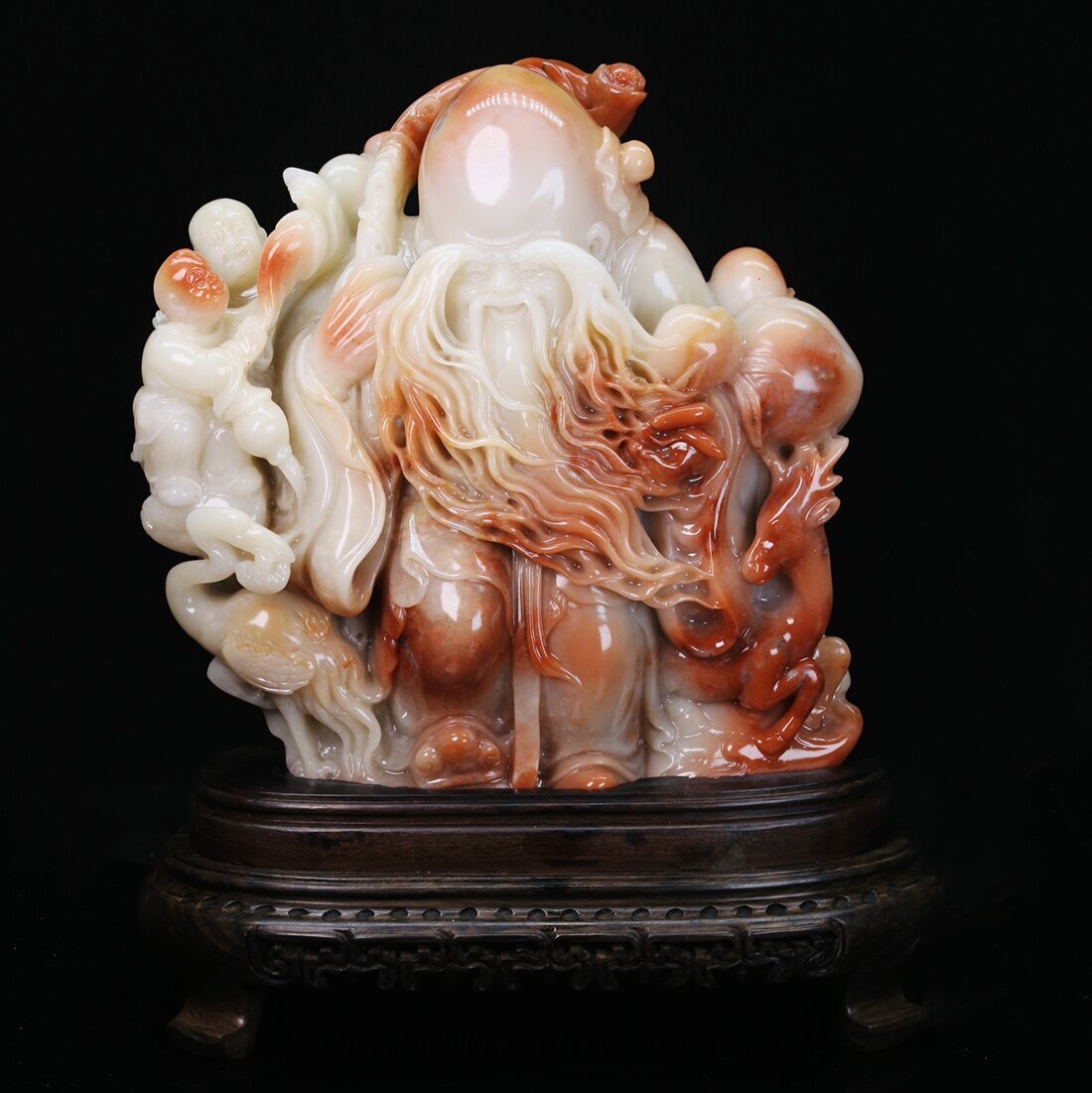 ▽鴻▽清朝時代 寿山石 芙蓉石彫 寿星人物置物 台座付き 箱付 時代物 中国古美術 骨董品拍卖