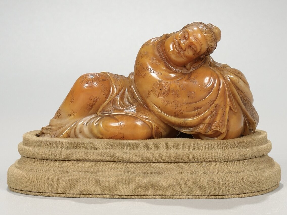 ▽鴻▽清朝時代 寿山石彫 酔翁人物置物 玉セン作 箱付 時代物 中国古美術 骨董品拍卖