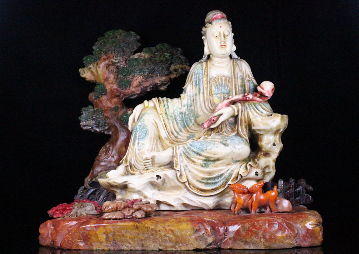 ▽鴻▽清朝時代 寿山石彫 如意観音仏像 玉セン作 箱付 時代物 中国古美術 骨董品拍卖
