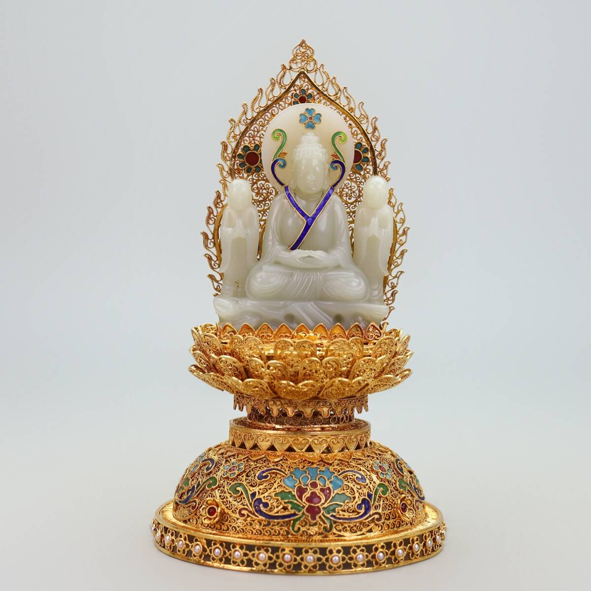 ▽鴻▽清朝時代 古銅塗金彫 花絲工芸 象嵌和田玉 仏像 乾隆年製 時代物 中国古美術 骨董品拍卖